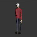 Game Movie Character With Red Coat Blue Pants Gray Hair Standing Pose Full Body