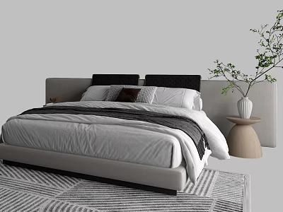 Modern Double Bed With Grey Black Headboard White Sheets Grey Blankets Round Side Table Rug 3d model