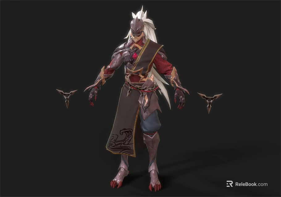 Mythical Character With Creature Features Long White Hair Armored Outfit Red Accents 3d model 