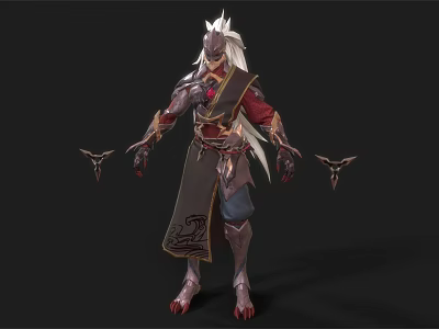 Mythical Character With Creature Features Long White Hair Armored Outfit Red Accents 3d model