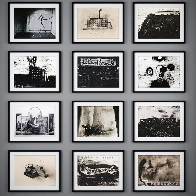 Photo Wall With Framed Black And White Artworks Arranged In Grid Layout 3d model 