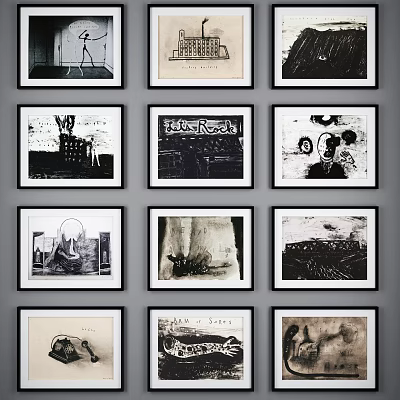 Photo Wall With Framed Black And White Artworks Arranged In Grid Layout 3d model