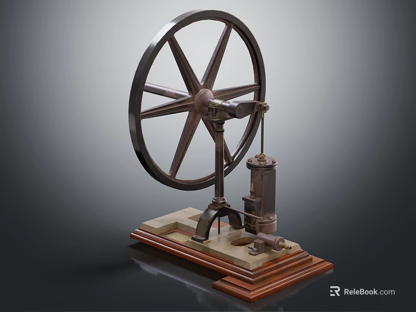 Vintage Old Engine Model Featuring Large Wheel Wooden Base And Metal Parts 3d model 