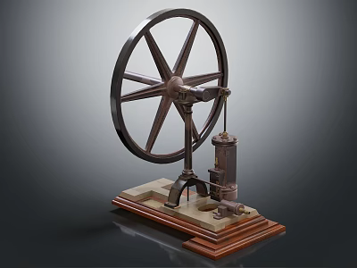 Vintage Old Engine Model Featuring Large Wheel Wooden Base And Metal Parts 3d model