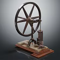 Vintage Old Engine Model Featuring Large Wheel Wooden Base And Metal Parts