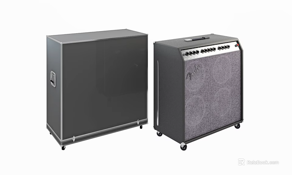 Large Dual Gray Audio Speakers With Control Panel And Wheeled Base 3d model 