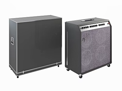 Large Dual Gray Audio Speakers With Control Panel And Wheeled Base 3d model
