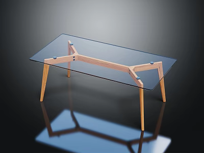 Modern Glass Top Table With Oak Wood Frame And Slender Legs Modern Design 3d model