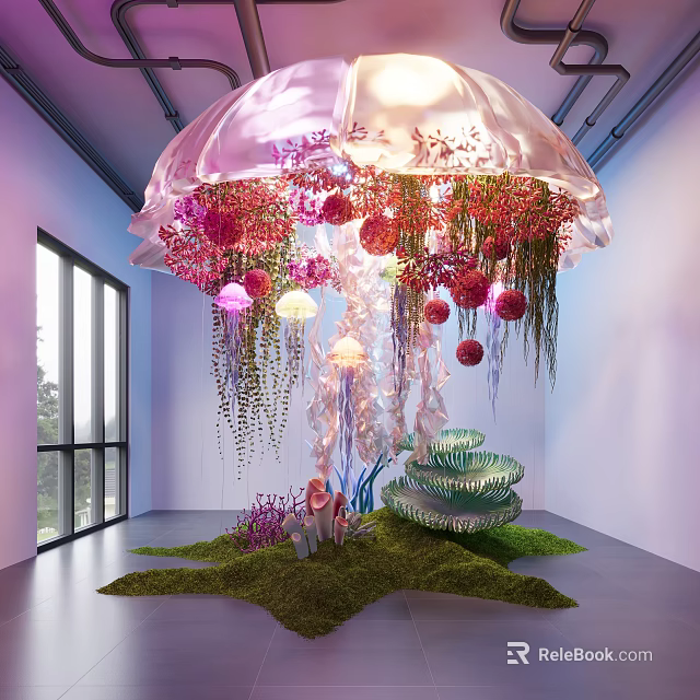 Jellyfish Shaped Garden Ornament with Pink Red Flowers Hanging Vines Spiral Structure and Green Moss 3d model 