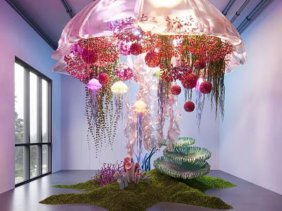 Jellyfish Shaped Garden Ornament with Pink Red Flowers Hanging Vines Spiral Structure and Green Moss 3d model