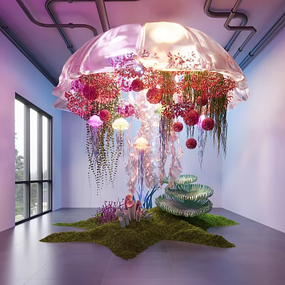 Jellyfish Shaped Garden Ornament with Pink Red Flowers Hanging Vines Spiral Structure and Green Moss 3d model