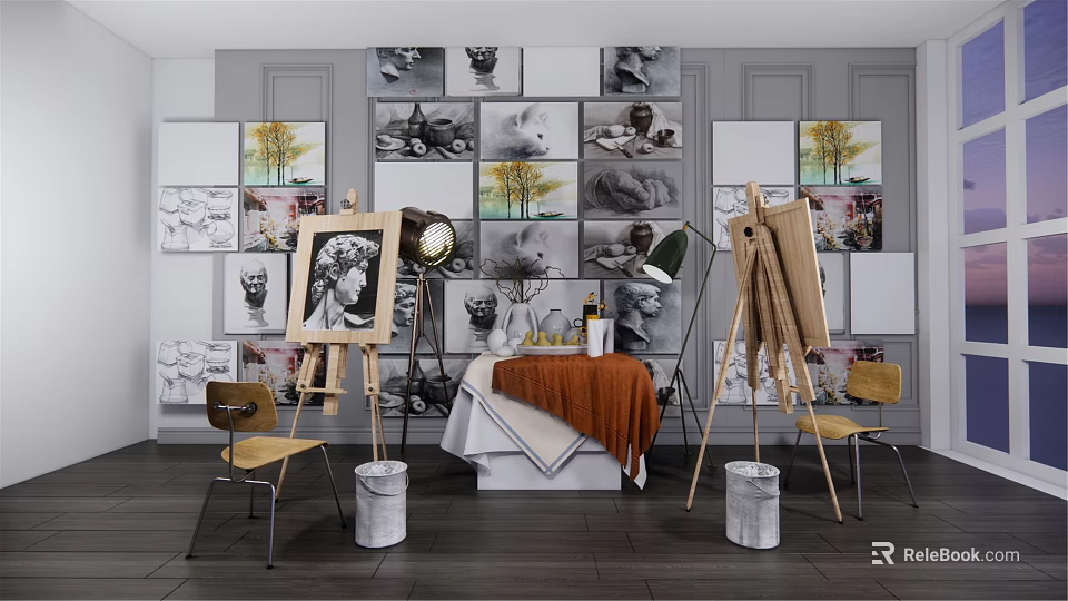 Art Studio Interior With Easels Paintings On Walls Table And Wooden Chairs 3d model 
