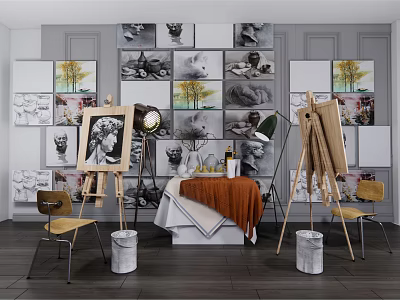 Art Studio Interior With Easels Paintings On Walls Table And Wooden Chairs 3d model