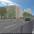 Road Infrastructure with Wide Lanes Trees Street Lamps Buildings and Pedestrian Paths
