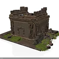 Modern Scenery With Ancient Stone Building Ruins And Green Grass