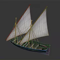 Traditional Sailing Boat With Two White Sails And Blue Striped Hull On Grey Background