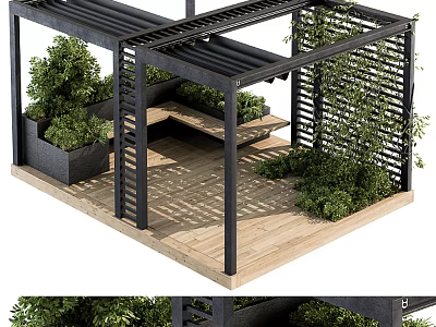 Modern Garden Gazebo With Black Metal Frame Wooden Deck Green Plants And Bench 3d model