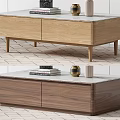 Light and Dark Wood Coffee Table with Marble Top Books and Decorative Jar Vase