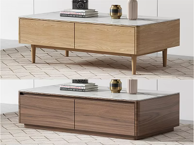 Light and Dark Wood Coffee Table with Marble Top Books and Decorative Jar Vase 3d model