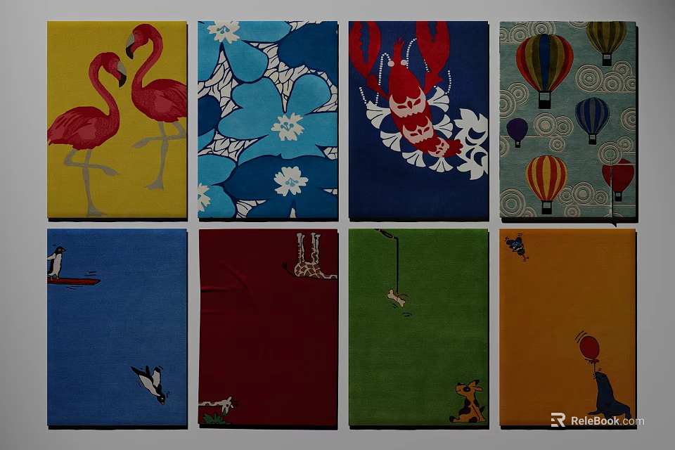 Colorful Square Rugs With Flamingo Floral Lobster Hot Air Balloon And Animal Patterns 3d model 