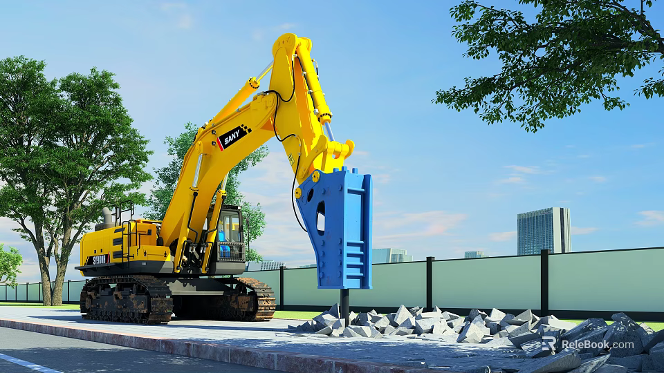 Yellow Komatsu Excavator Working With Blue Demolition Hammer On Construction Site Debris 3d model 