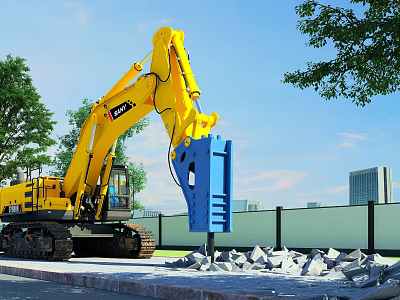 Yellow Komatsu Excavator Working With Blue Demolition Hammer On Construction Site Debris 3d model