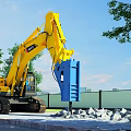 Yellow Komatsu Excavator Working With Blue Demolition Hammer On Construction Site Debris