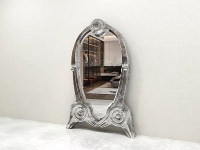 Silver Ornate Mirror Reflecting Modern Interior With Sofa And Carpet 3d model