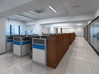 Modern Office Workspace With Wooden Blue Panel Cubicles Glass Partitions And Bright Ceiling Lights 3d model