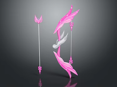 Pink Bow And Arrow Weapon With Wing Decorations And Matching Arrows 3d model