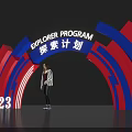 Red Blue Curved Archway for Explorer Program 2023 with Person Standing 3d model