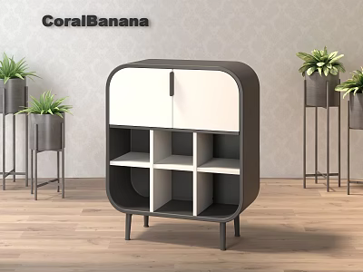 Modern Black and White Sideboard With Open Shelves Cabinet Doors Green Plants and Wooden Floor 3d model