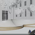Modern Curved Landscape Seating With Unique Design Among Trees Street Lamps And White Building