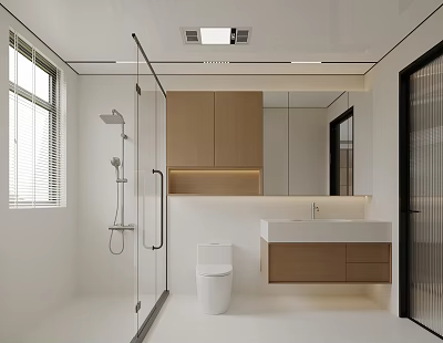 Modern Bathroom Interior Design With Glass Shower Wooden Vanity And Large Mirror 3d model