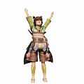 Game Movie Character in Green Outfit with Arms Raised on Wooden Deck by Palm Trees