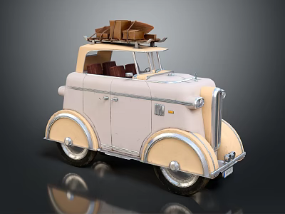 Vintage Cream Car With Classic Design And Luggage On Roof 3d model