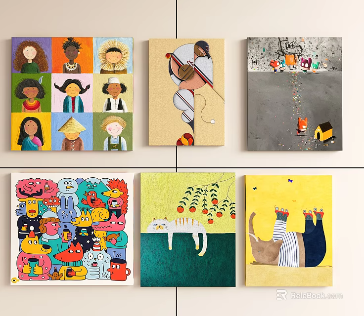 Colorful Abstract Paintings Featuring Figurative Animals Natural Elements And Diverse Styles 3d model