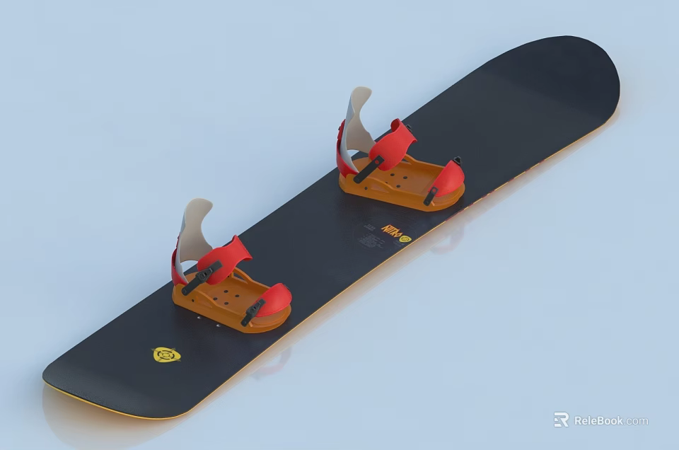 Black Snowboard With Red Bindings And Yellow Accents Ideal For Winter Sports Activities 3d model 