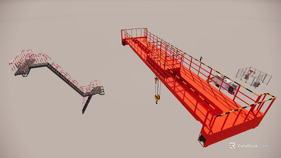 Red Industrial Crane With Safety Railings And Hoist For Heavy Lifting 3d model 
