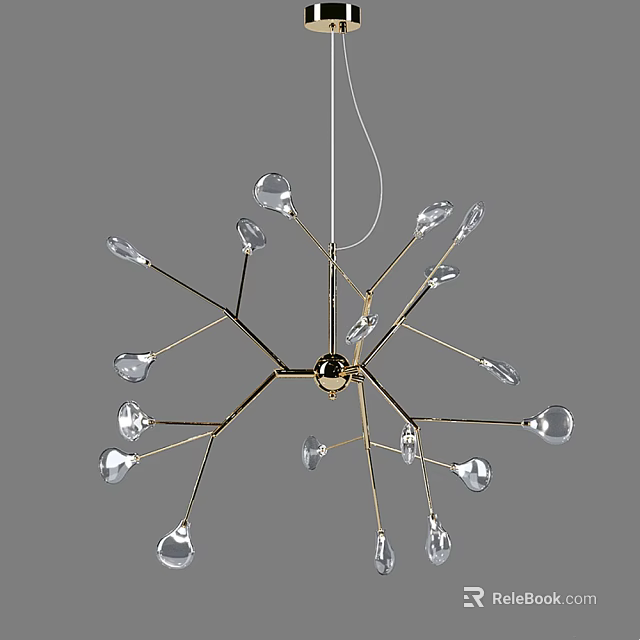 Modern Chandelier With Golden Metal Branches And Transparent Glass Bulbs 3d model 