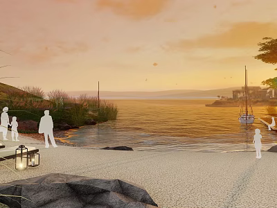 Serene Waterfront Landscape With Sunset Sandy Beach Sailboat People Silhouettes And Rocks 3d model