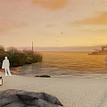 Serene Waterfront Landscape With Sunset Sandy Beach Sailboat People Silhouettes And Rocks