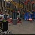 Modern Restaurant Interior With Red Chairs White Tables Pendant Lights And Blue Decorative Walls