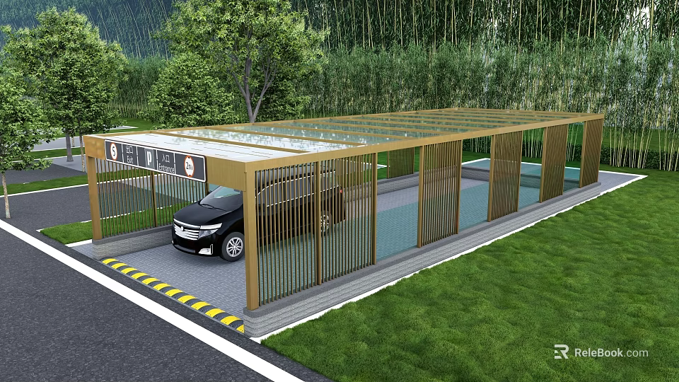 Modern Covered Carport With Glass Roof Parked Car And Surrounding Greenery 3d model 