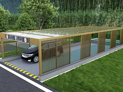 Modern Covered Carport With Glass Roof Parked Car And Surrounding Greenery 3d model