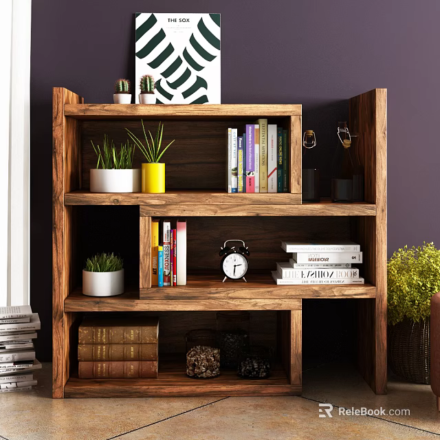 Wooden Bookshelf with Layered Design Books Plants Alarm Clock and Decorative Items 3d model 