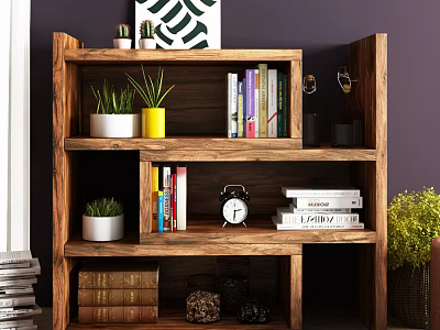 Wooden Bookshelf with Layered Design Books Plants Alarm Clock and Decorative Items 3d model