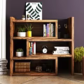 Wooden Bookshelf with Layered Design Books Plants Alarm Clock and Decorative Items