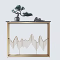 Modern Console Table Interior Decor With Golden Frame Mountain Pattern And Mini Pine Tree 3d model