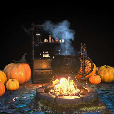 Cast Iron Cauldron Over Burning Fire Pit With Pumpkins And Bottles On Shelf 3d model